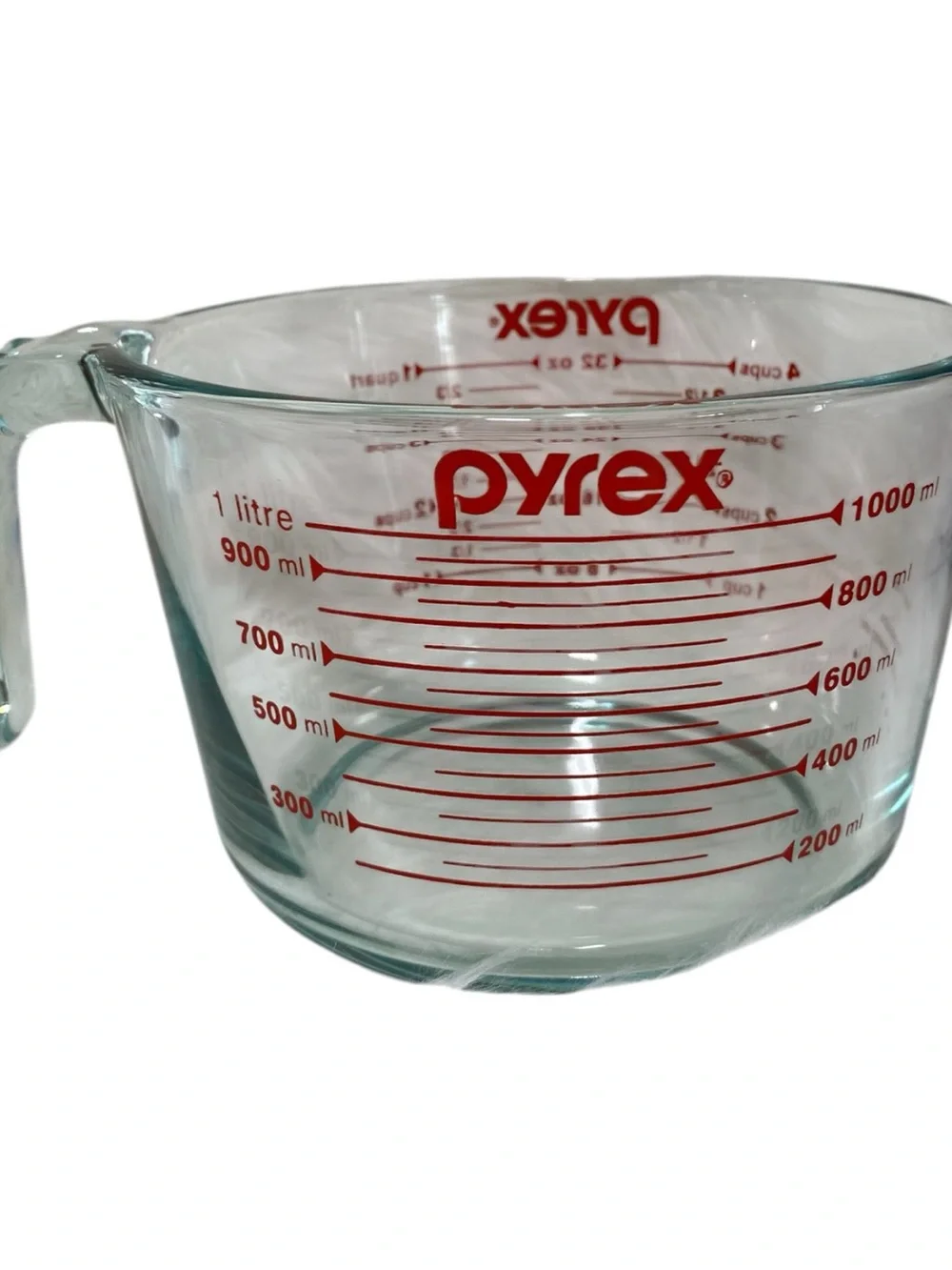 Vintage PYREX 4 Cup 1 Quart 1 Litre Red Lettering Glass Measuring Cup USA